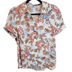 Sara Michelle Floral Paisley Button Up Blouse Short Sleeve White Coral Blue L